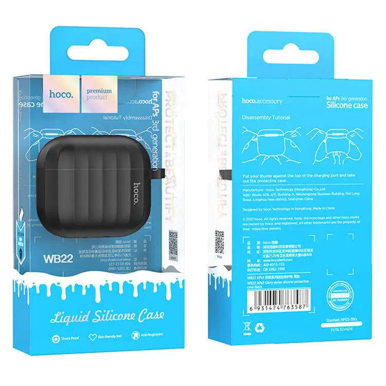 Hoco (WB22) - Husa silicon pentru carcasa AirPods 3, cu carabina si fir casti, Black