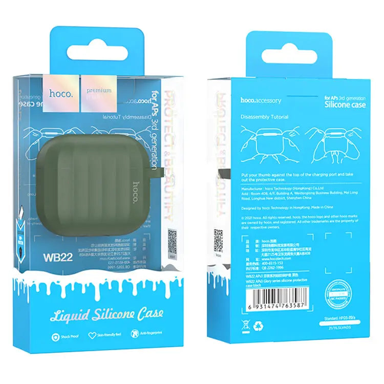 Hoco (WB22) - Husa silicon pentru carcasa AirPods 3, cu carabina si fir casti | Green