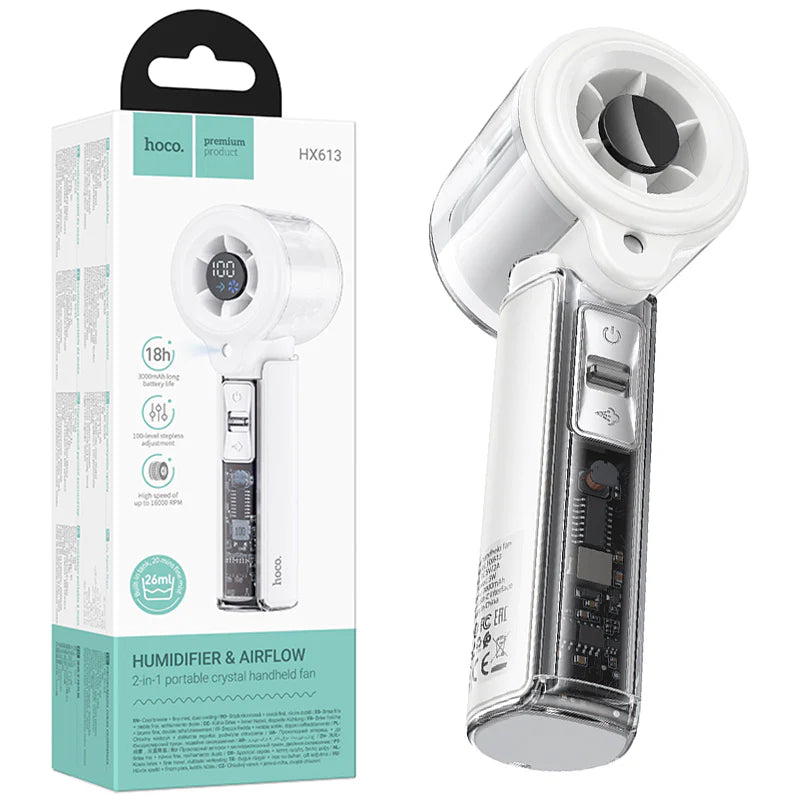 Hoco (HX613) » Ventilator Portabil, 5 viteze, 1200mAh, cu Spray, Digital LED | WHITE