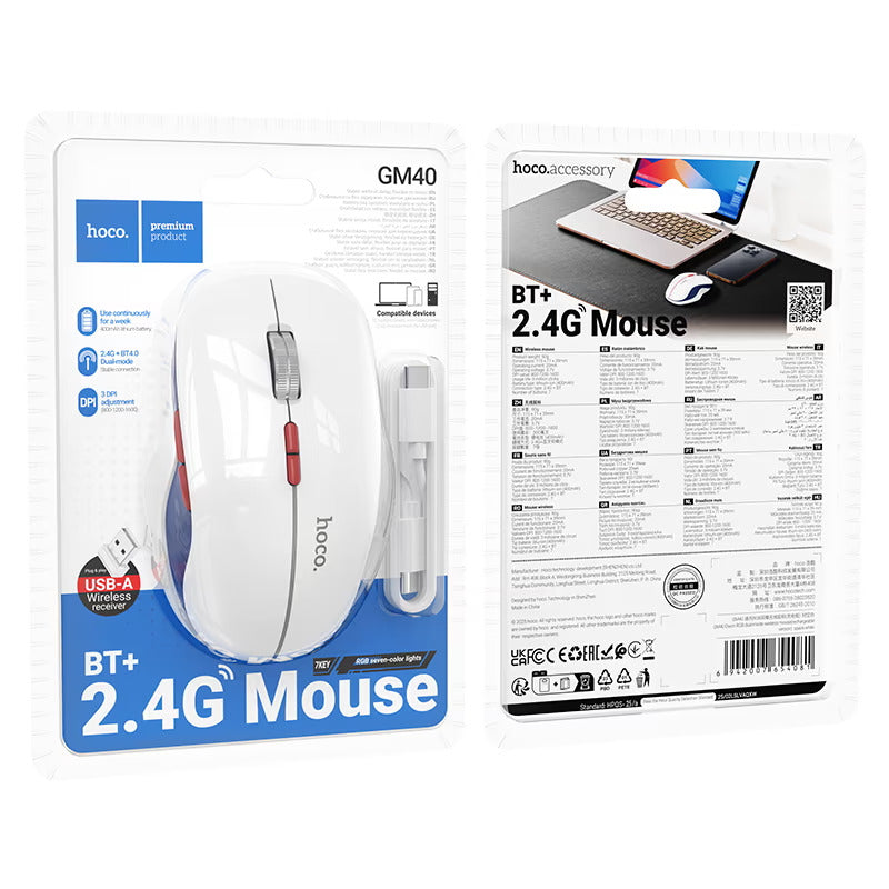 Hoco (GM40) » Mouse Dual, BT 5.0/Wireless 2.4G, acumulator reincarcabil, 400mAh, 800DPI, 7 Butoane, RGB light, Space, White