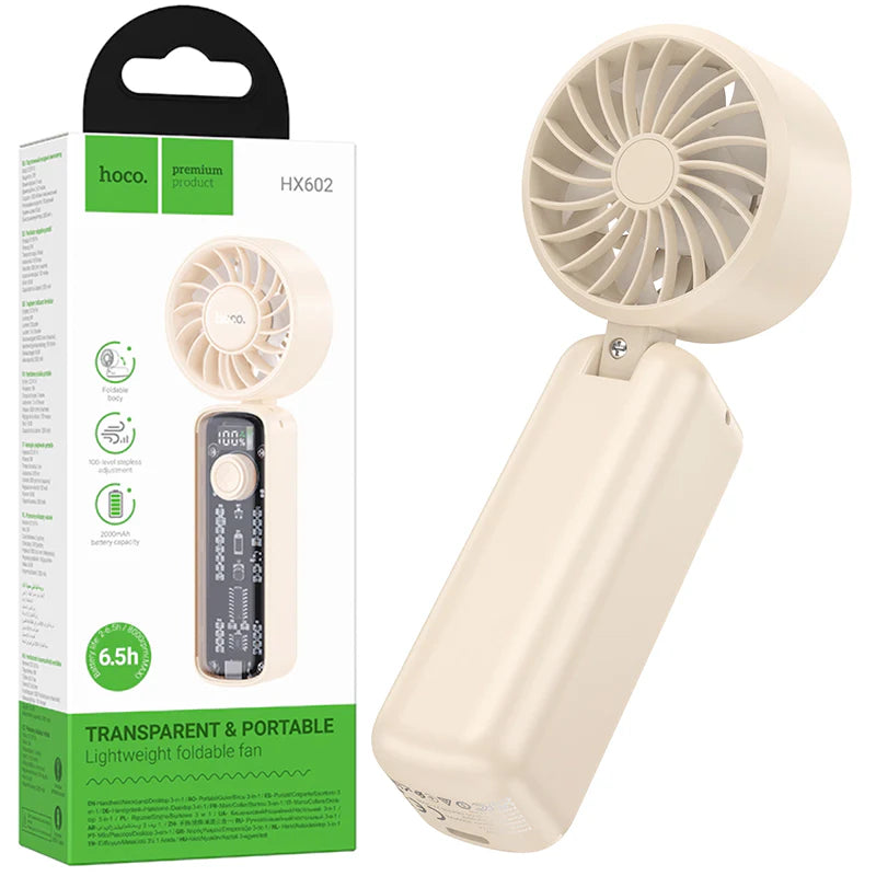 Hoco (HX602) » Ventilator Portabil, 5 viteze, 1200mAh, Pliabil, Digital LED | CREAM