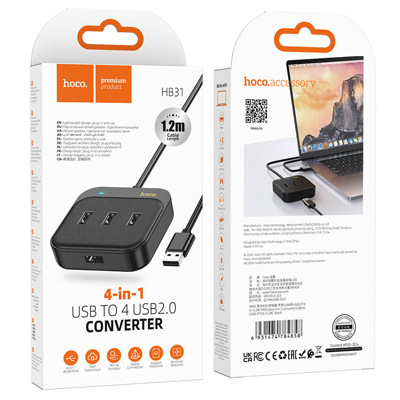 Hoco (HB31) - Hub USB, Multiport, USB-A la 4 x USB-A 2.0, 4 in 1, 1.2m, Black