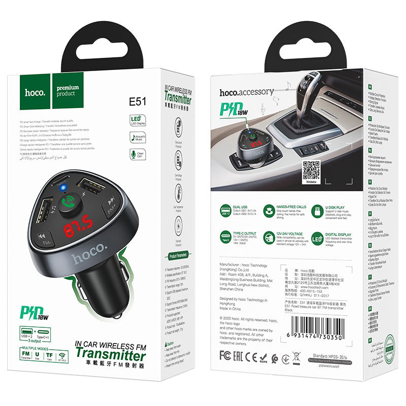 Hoco (E51) - Modulator FM | BT, 18W, 5V, 3.1A, 1xUSB-C, 1xUSB-A, PD, QC 3.0, Black