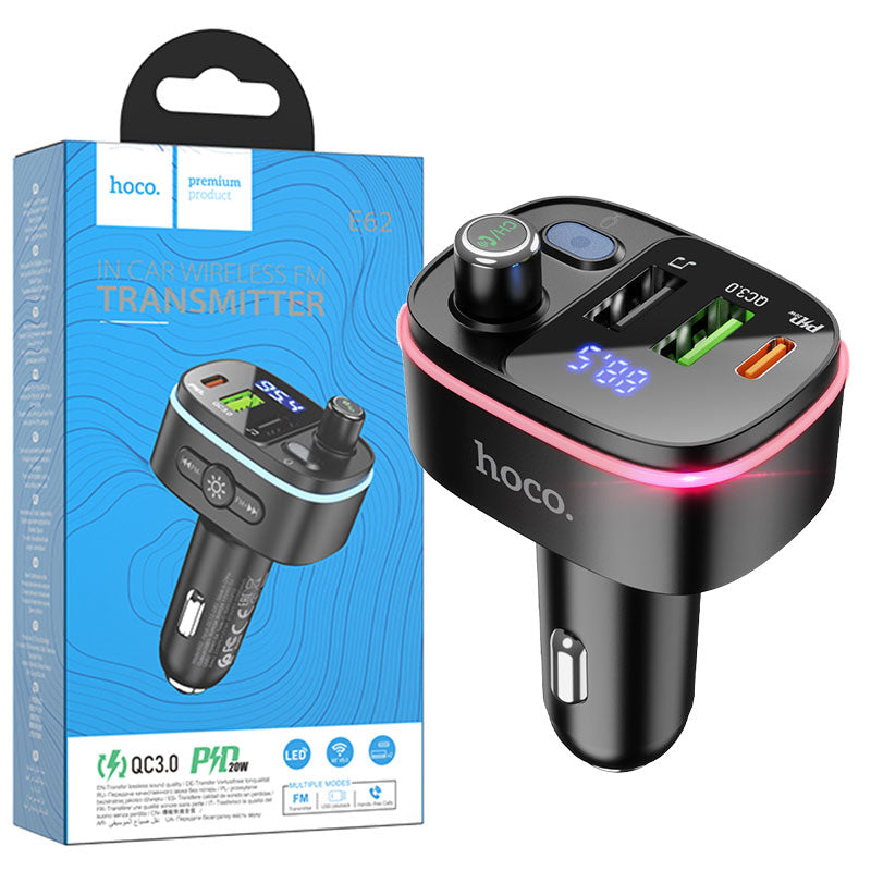 Hoco (E62) - Modulator FM | BT, 20W, 5V, 1.5A, 1xUSB-C, 1xUSB-A, PD, QC 3.0, Multicolor LED, Black