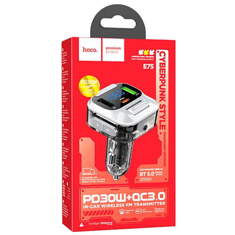 Hoco (E75) - Modulator FM | BT, 30W, 1xUSB-C, 1xUSB-A, PD, QC 3.0, Black