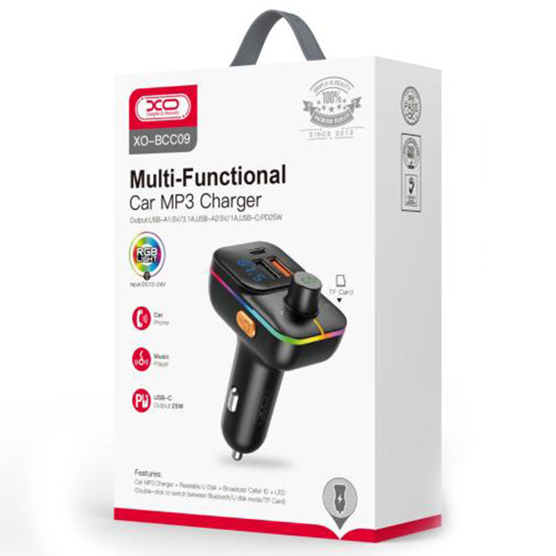 XO (BCC09) - Modulator FM | BT, 25W, 5V, 3.1A, 1xUSB-C, 1xUSB-A, PD, QC 3.0, slot TF Card, Black