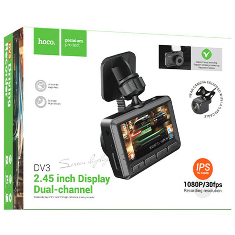Hoco (DV3) - Camera de bord, video Dual Channel (Front+Back) - si LCD HD 2.45\", acumulator 200mAh, cablu Back 5.5m, TF Card, Multilanguage, Black