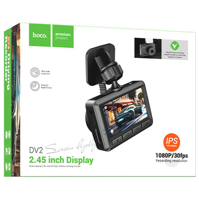 Hoco (DV2) - Camera de bord, LCD HD 2.45\", acumulator 200mAh, cablu Back 5.5m, TF Card, Multilanguage, Black