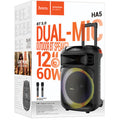 Hoco (HA5) » Boxa outdoor, portabila, BT 5.0, cu 2 microfoane wireless, Karaoke, 7000mAh, TF Card, USB, AUX si TWS, 60W, inel RGB ambient light, Black