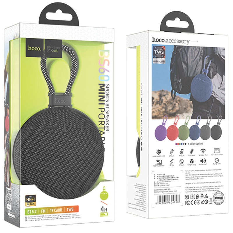 Hoco (BS60) » Boxa Portabila, BT 5.2, Wireless, 1200mAh, 5W, TF Card, USB, TWS, Sports, Black